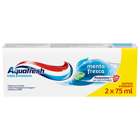 Aquafresh Tripla Protezione, Dentifricio 3 in 1 per tutta la Famiglia, Denti Forti, Gengive Sane, Alito Fresco, Gusto Menta Fresca, pacco da 2 x 75ml