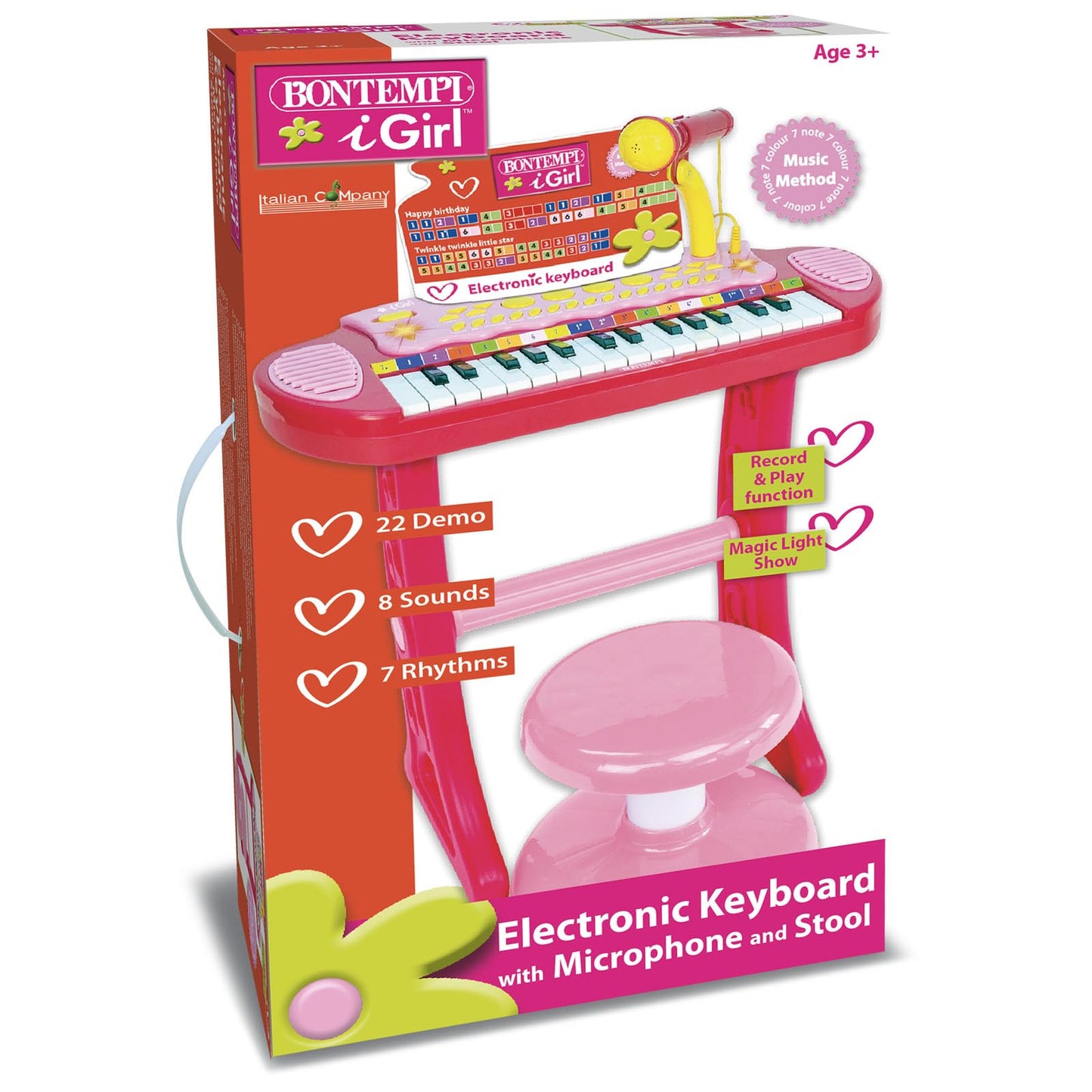 Bontempi | MiniMaestro: Tastiera Giocattolo Elettronica a 31 Tasti con Microfono e Accessori, Rosa, 450x430x610 mm