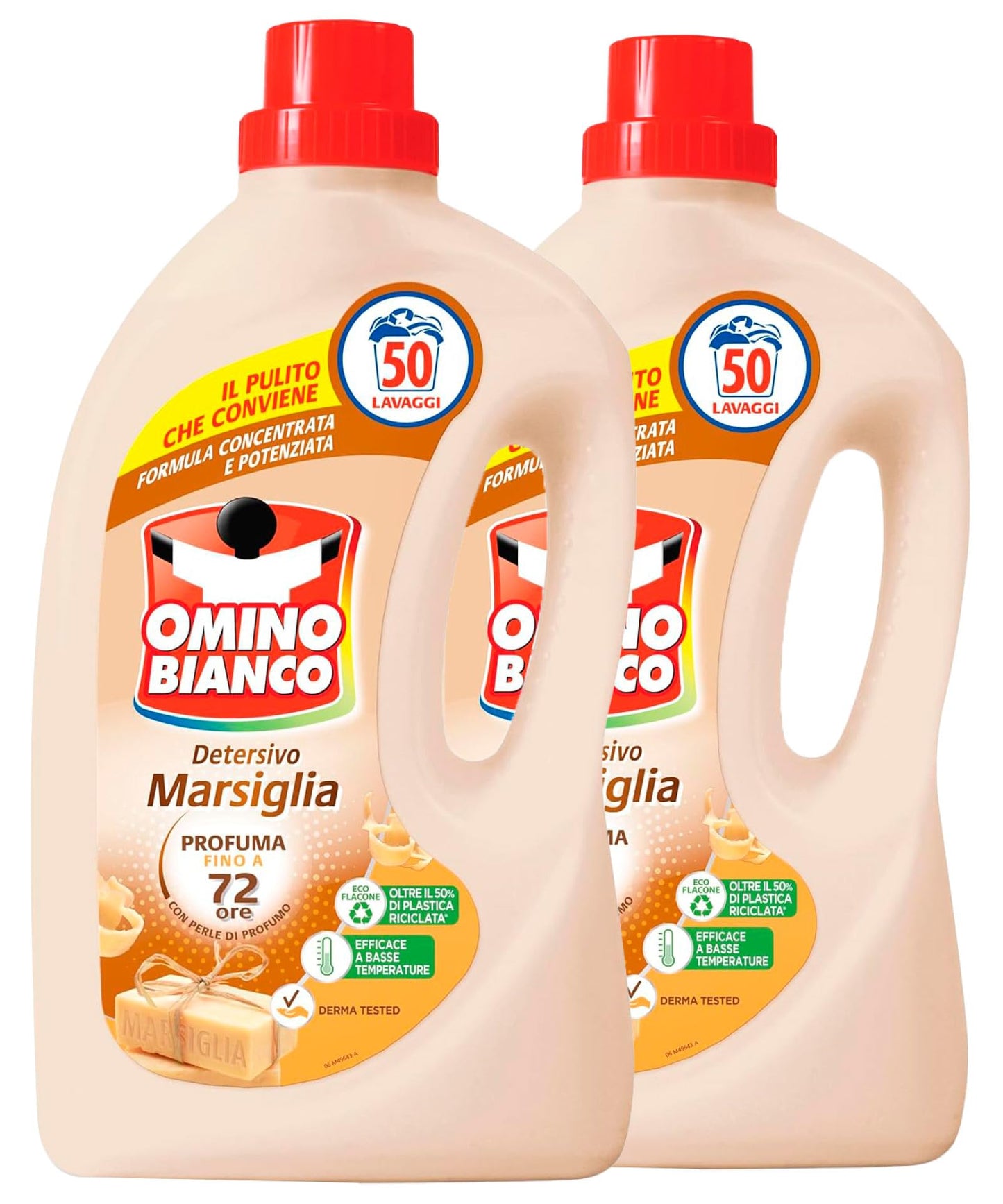 Omino Bianco Detersivo Liquido Concentrato Marsiglia per Lavatrice 50 Lavaggi Formula Bio con Perle di Profumo 72h per Tessuti Delicati e Colorati Efficace a Basse Temperature - 2 Flaconi da 2L