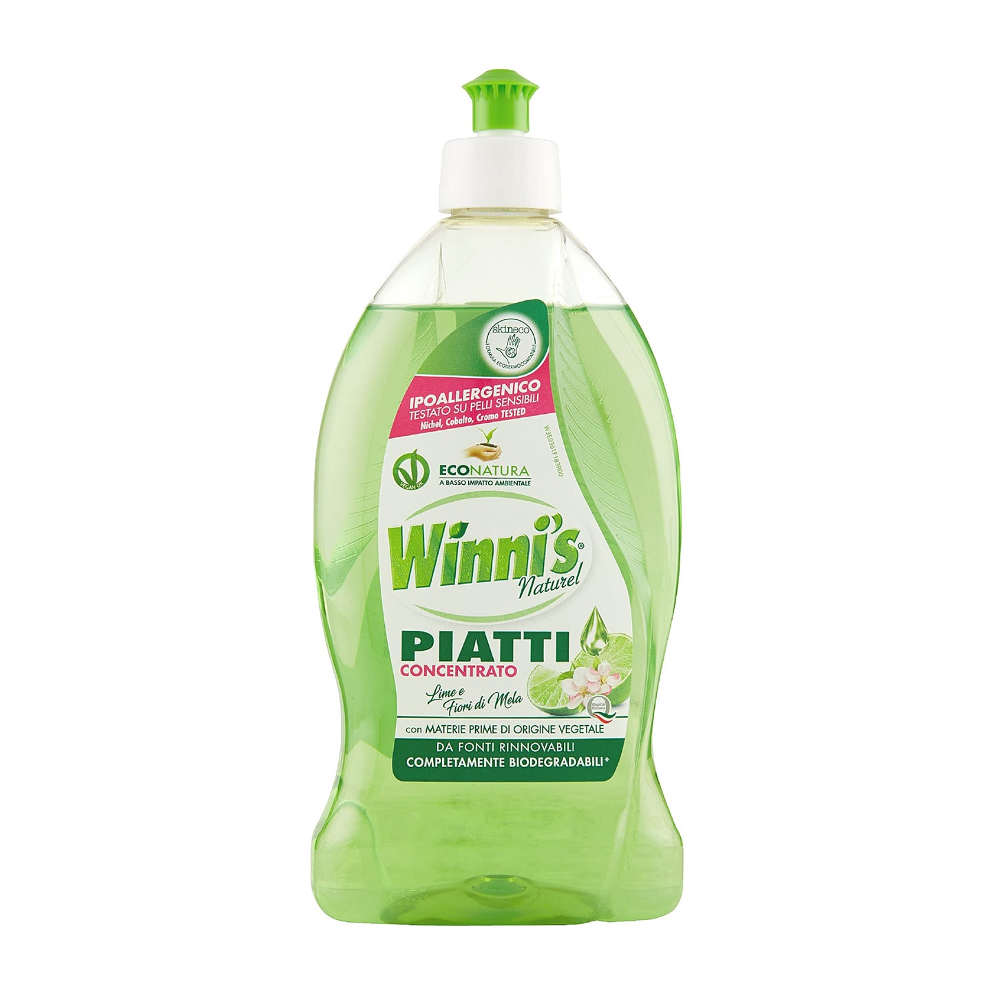 Winni's - Detersivo Piatti e Stoviglie a Mano, Ipoallergenico e Delicato sulla Pelle, Formula Concentrata, Fragranza Lime e Fiori di Mela, con Materie Prime di Origine Vegetale, 500 ml x 12 Confezioni
