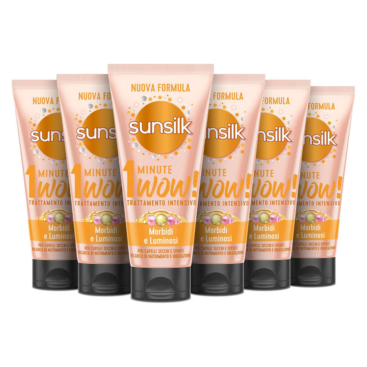 Sunsilk, Trattamento Intensivo 1 Minute Wow, Maschera Capelli Secchi, Linea Morbidi e Luminosi, Trattamento Capelli Danneggiati, con Oli Nutrienti, Cheratina e Biotina, 6 Pezzi da 180ml