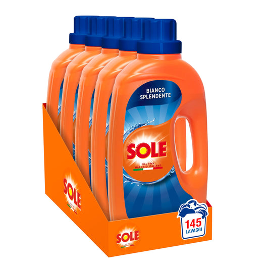 Sole Detersivo Lavatrice Bianco splendente 145 Lavaggi, (5x29), Formula igienizzante, Detersivo Lavatrice Liquido Bianco Splendente, rimuove le macchie a basse temperature