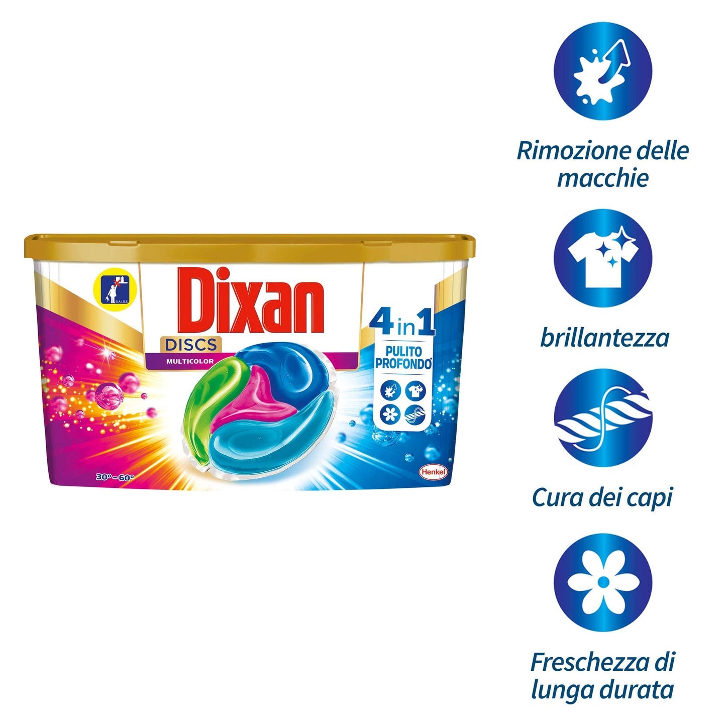 Dixan Discs Multicolor Detersivo Lavatrice Predosato in Capsule per Capi Colorati 4 in 1 - 3 x 36 Lavaggi (108 lavaggi)