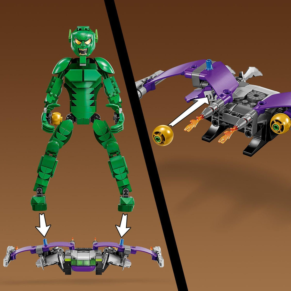 LEGO | Marvel Personaggio Costruibile di Goblin, Gioco d'Azione per Bambini e Bambine da 8 Anni, Action Figure del Nemico di Sider-Man con Arti Snodabili, Aliante e Bombe-Zucca, Idea Regalo 76284
