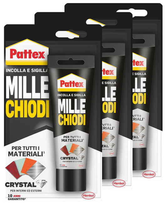 Pattex Millechiodi Crystal Adesivo Sigillante Trasparente Multimateriale con Tecnologia Flextec Colla per Vetri e Specchi - 3 Flaconi da 90g