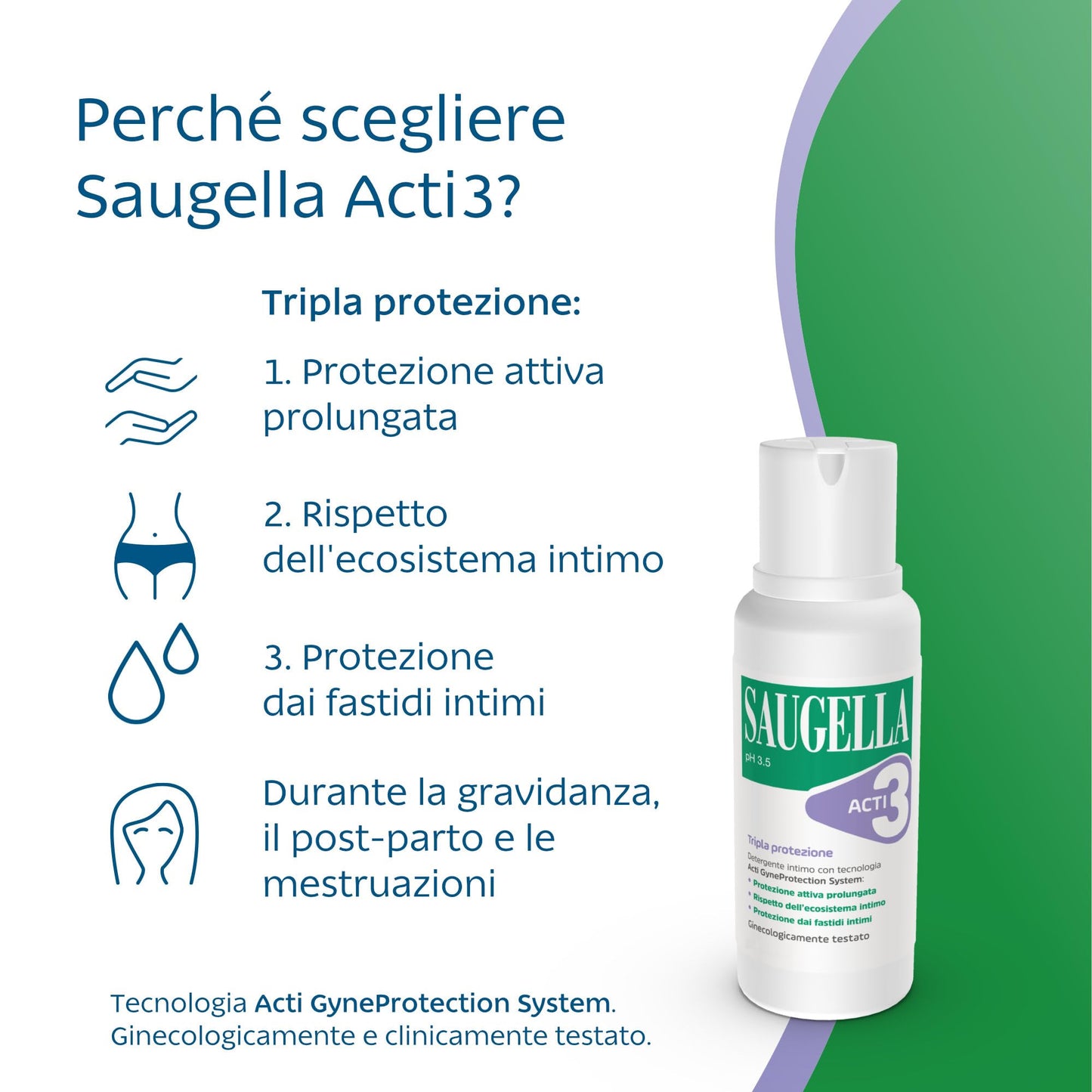 Saugella Acti3, Detergente Intimo, pH 3.5, con Timo e Zinco, Protezione Rafforzata contro Bruciore, Prurito e Odore, Adatto in Gravidanza e Durante il Ciclo Mestruale, 500 ml