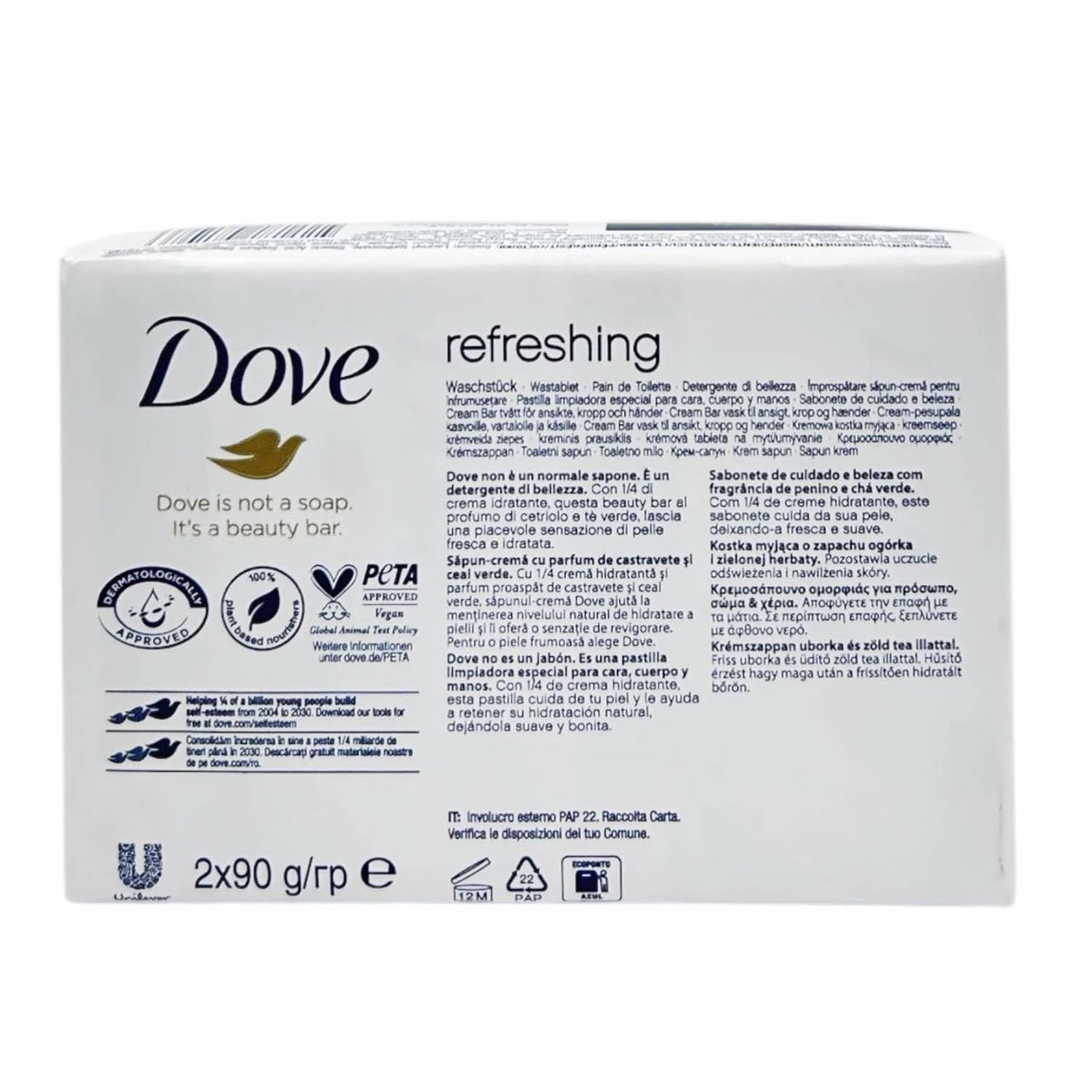Dove Beauty Cream Bar Cetriolo E Tè Verde Saponetta Solida Rinfrescante 2X90 Gr 24 Unità