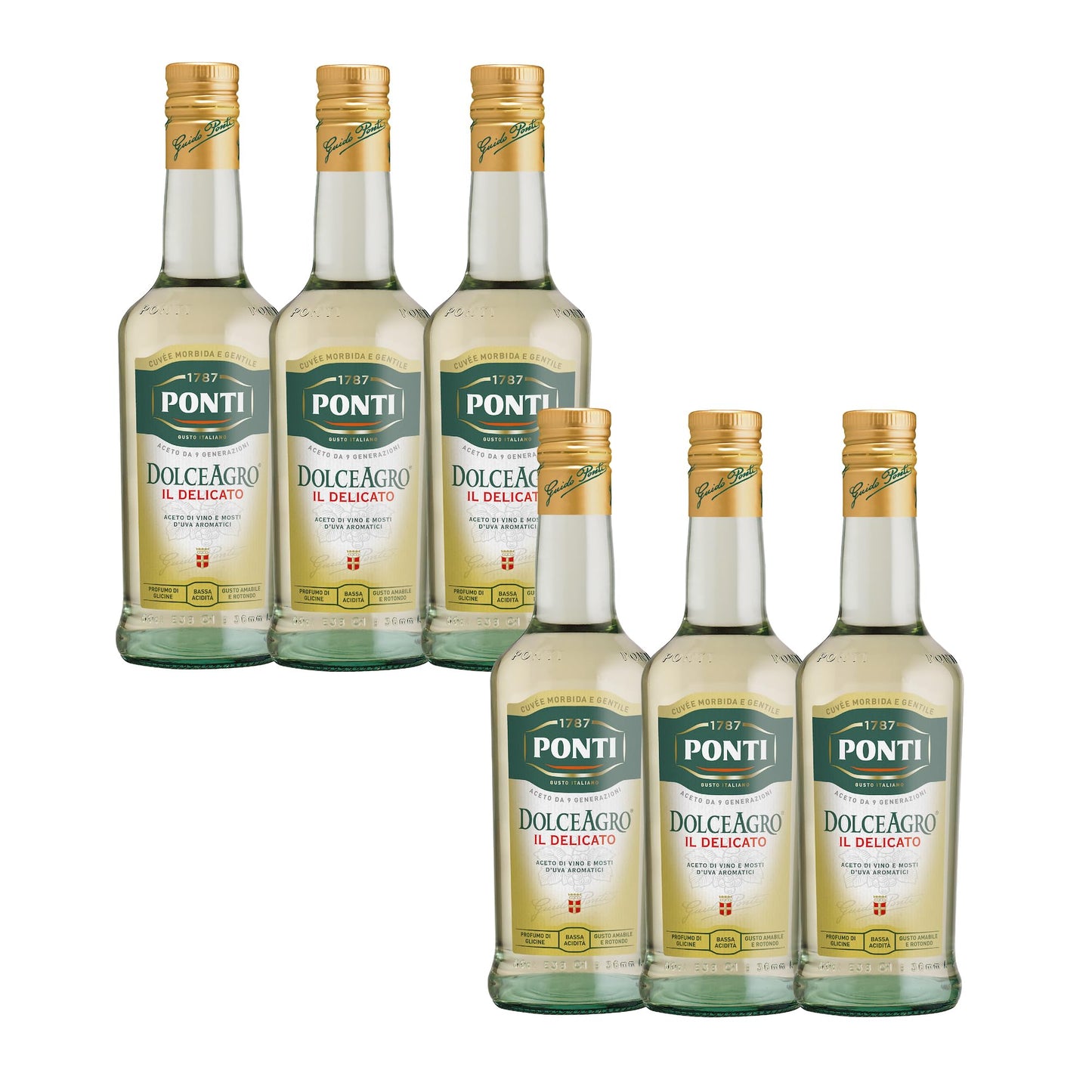 Ponti, Dolceagro Condimento Delicato, Gusto Amabile e Rotondo, Bassa Acidità, Dona un Tocco di Delicatezza alle Insalate, alle Verdure, Carni e Pesce, 100% Made in Italy, 6 Bottiglie da 500 ml