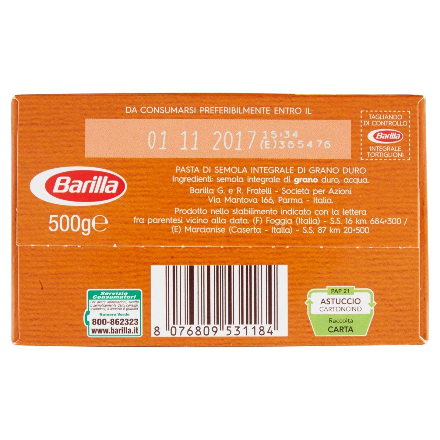 PASTA INTEGRALE BARILLA TORTIGLIONI 500 GR FONTE DI FIBRA NATURALE PRIMO
