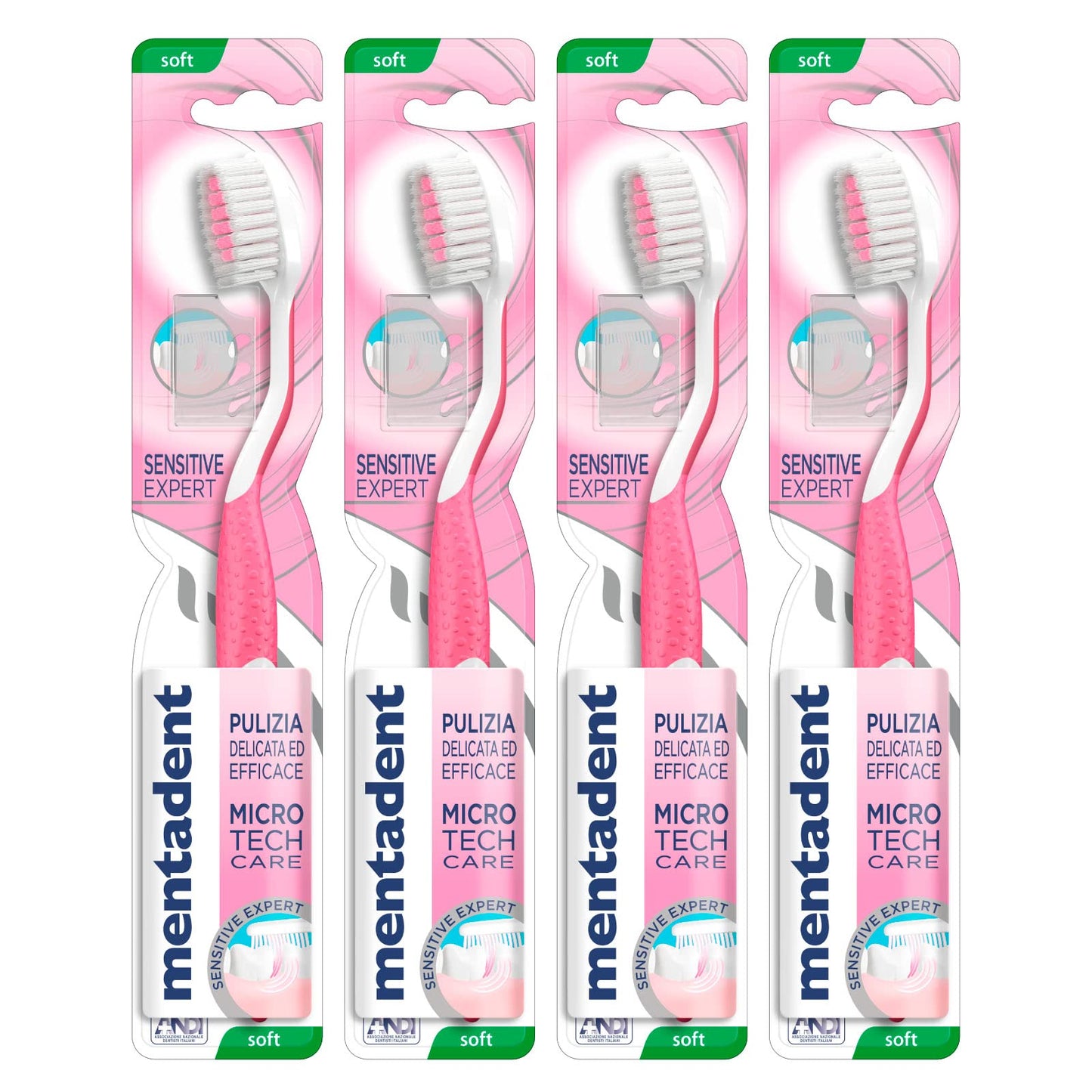 4x Mentadent Sensitive Expert Spazzolino con Setole Morbide Affusolate Micro Tech Care - 4 Spazzolini