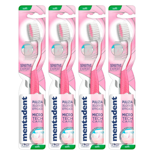 4x Mentadent Sensitive Expert Spazzolino con Setole Morbide Affusolate Micro Tech Care - 4 Spazzolini