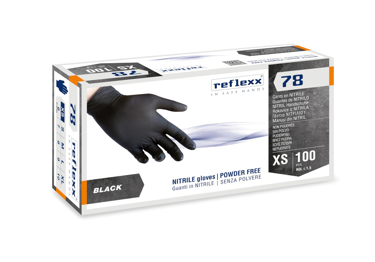 Reflexx 78, Guanti in Nitrile Neri senza Polvere Gr 4, 100 Pezzi, Nero