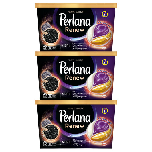 3x Perlana Renew Neri All in 1 Caps Detersivo in Capsule per Lavatrice per Capi Scuri - 3 Confezioni da 18 Capsule