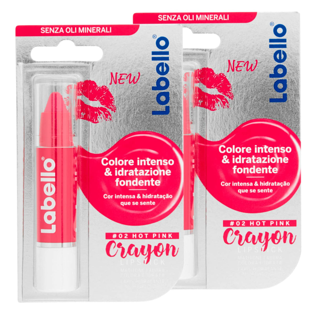 Labello Crayon Lipstick Colore Hot Pink Matitone Labbra Burrocacao con Formula Arricchita di Oli Naturali Idratante Nutriente Fucsia Brillante - 2 Stick