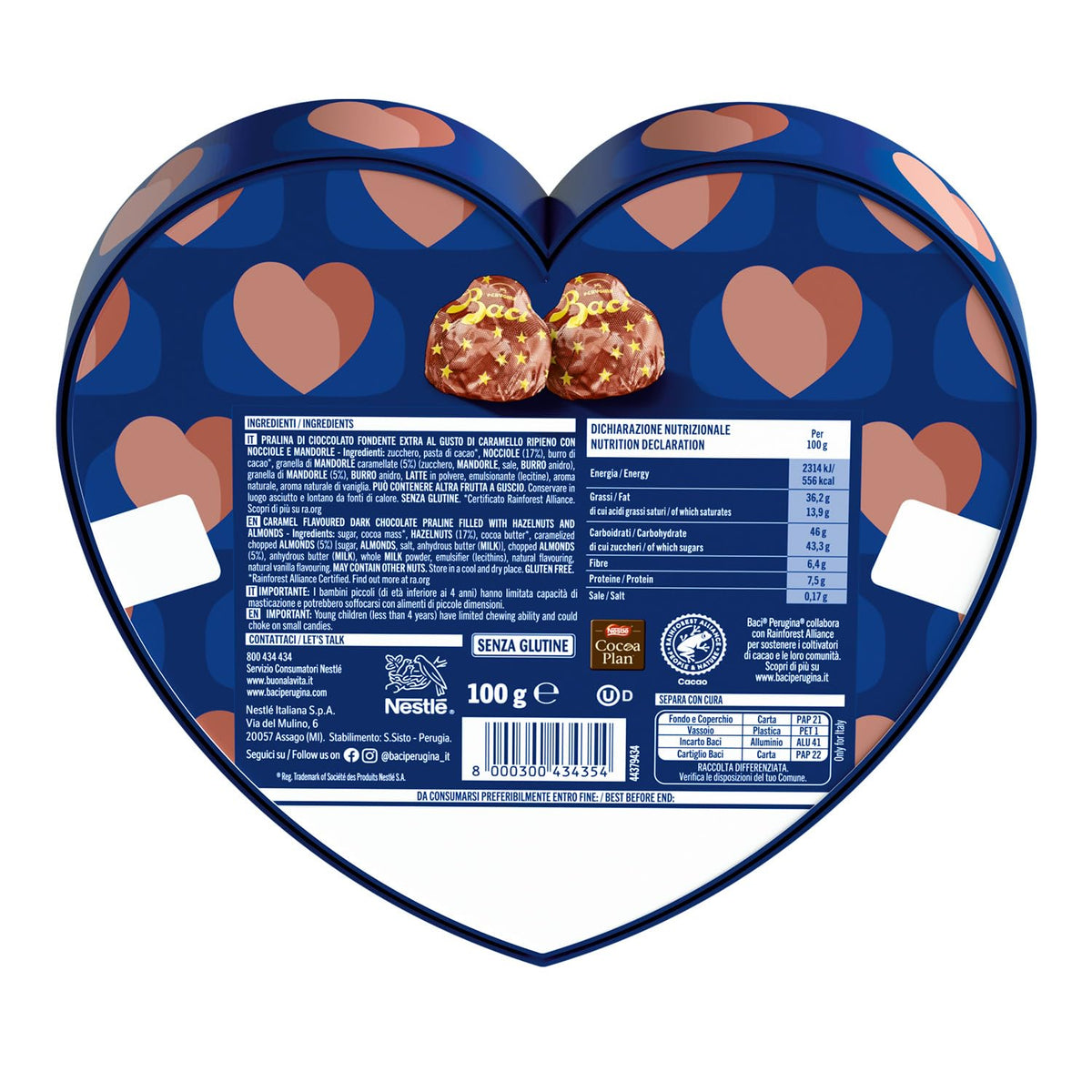 BACI PERUGINA Caramellato alle Mandorle Cioccolatini Fondenti ripieni al Gianduia, Scatola Cuore San Valentino 100g