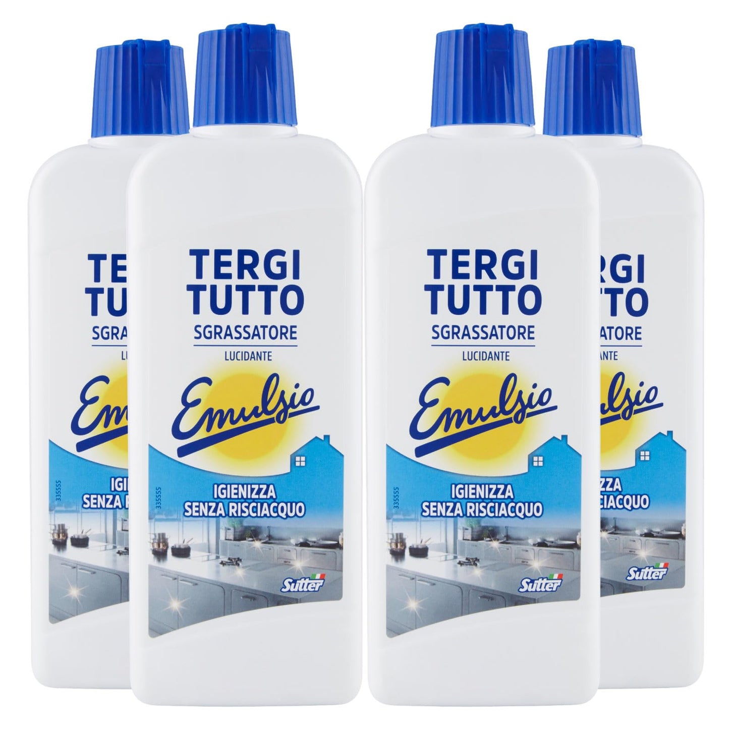 Emulsio Tergi Tutto Sgrassatore Universale in Crema Lucidante Igienizzante Senza Risciacquo per Tutte le Superfici Piano Cottura Fornelli Cappe Infissi Tapparelle - 4 Flaconi da 375ml