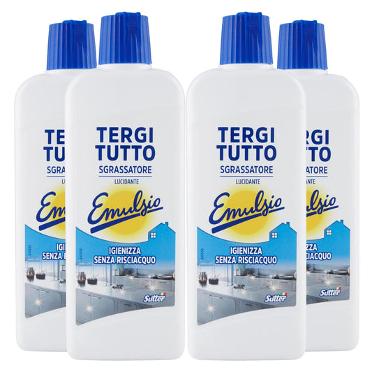 Emulsio Tergi Tutto Sgrassatore Universale in Crema Lucidante Igienizzante Senza Risciacquo per Tutte le Superfici Piano Cottura Fornelli Cappe Infissi Tapparelle - 4 Flaconi da 375ml