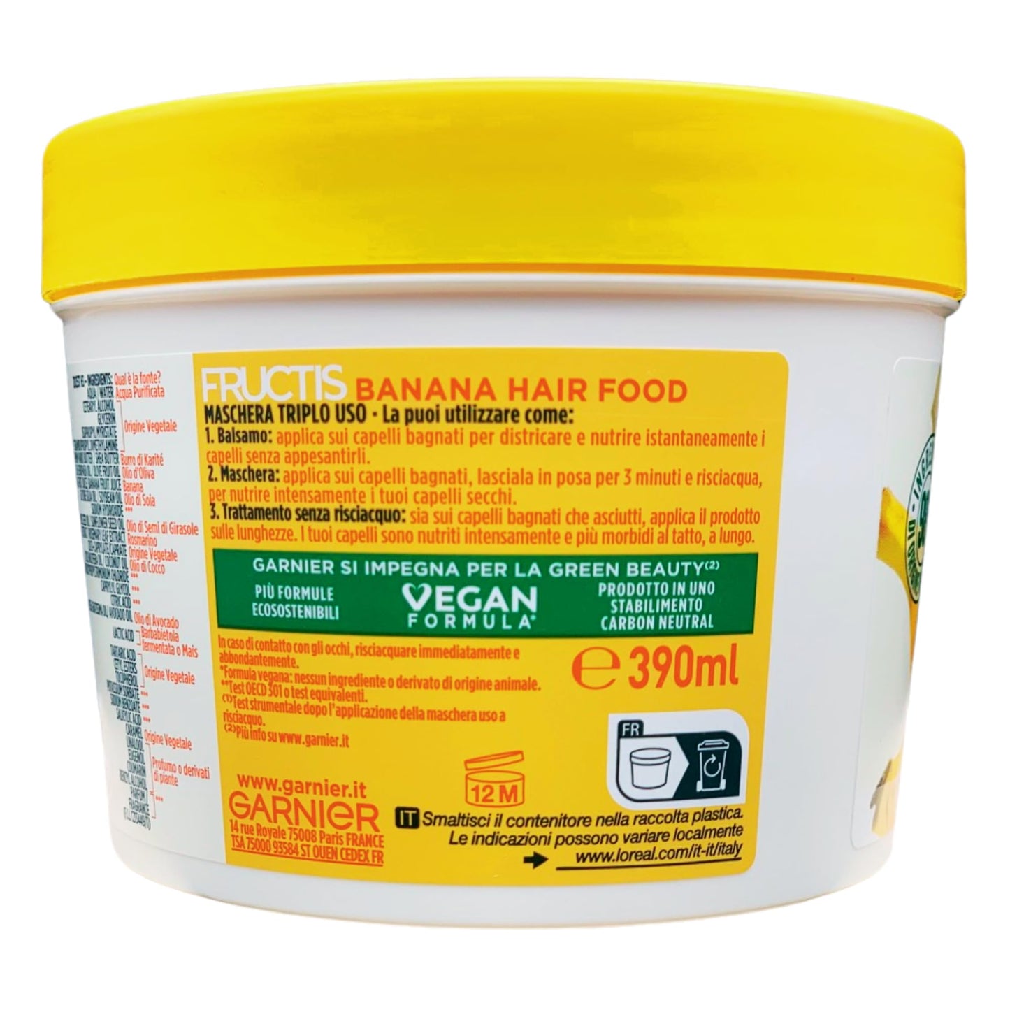 3x Maschera HAIR FOOD BANANA Nutriente, Per Capelli Secchi. La formula è fatta con il 98% di ingredienti di origine naturale. Triplo Uso: Balsamo, Maschera e Trattamento Senza Risciacquo 390ml
