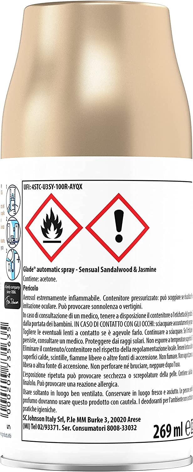 Glade Automatic Spray Ricarica, Profumatore per Ambienti, Fragranza Sensual Sandalwood & Jasmine, Formato Scorta da 4 Ricariche da 269 ml