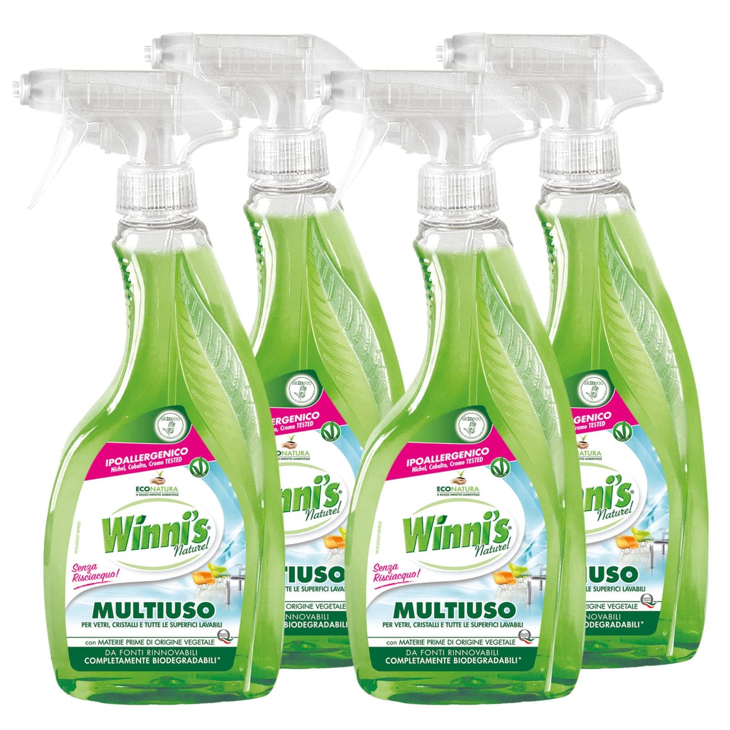 Winni's Naturel Multiuso Detergente Spray per Tutte le Superfici Senza Risciacquo Ipoallergenico con Materie Prime di Origine Vegetale Completamente Biodegradabili - 4 Flaconi da 500ml