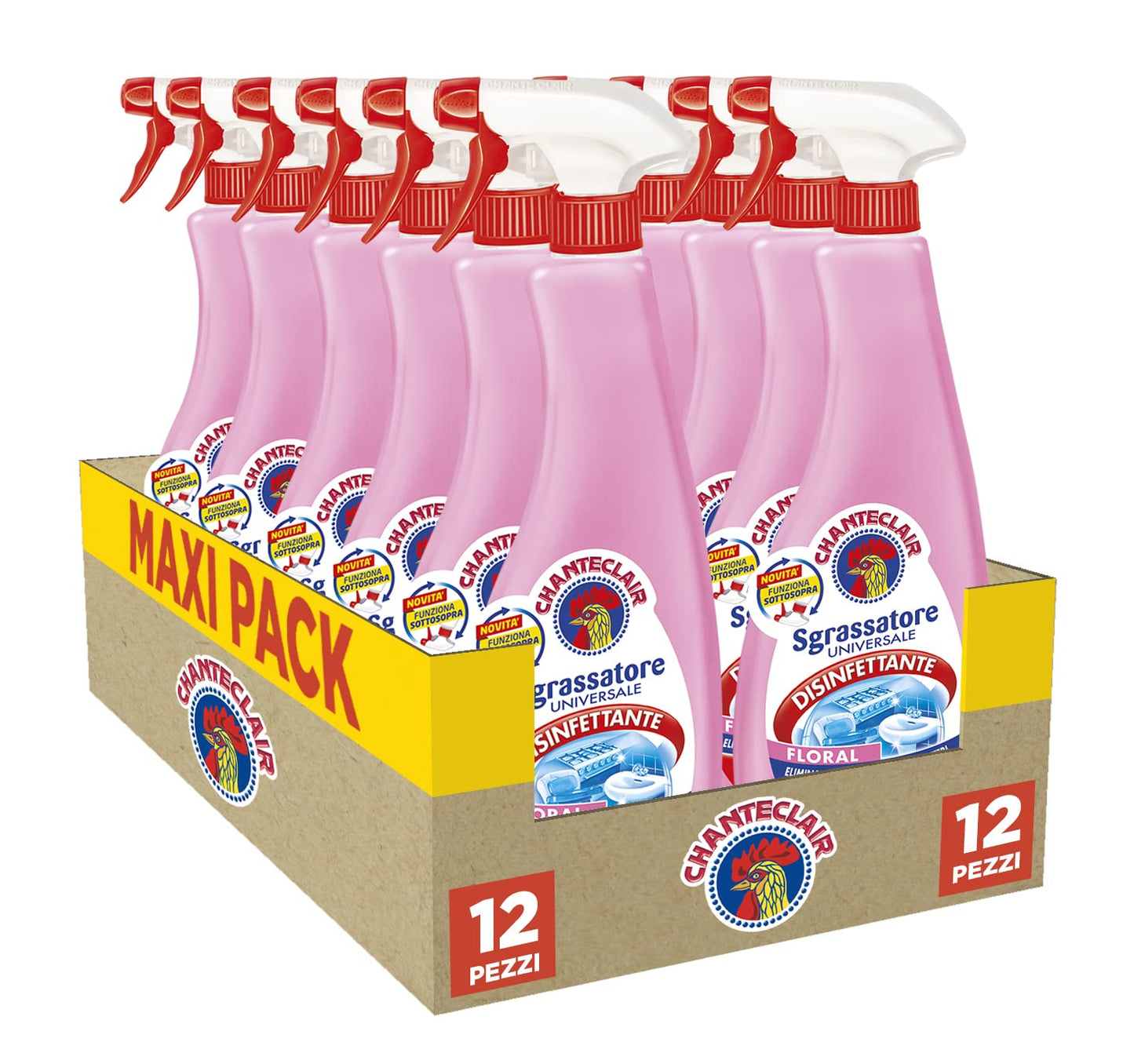 Chanteclair - Sgrassatore Universale Disinfettante Spray, Fragranza Floral, Presidio Medico Chirurgico - 12 Flaconi da 750 ml