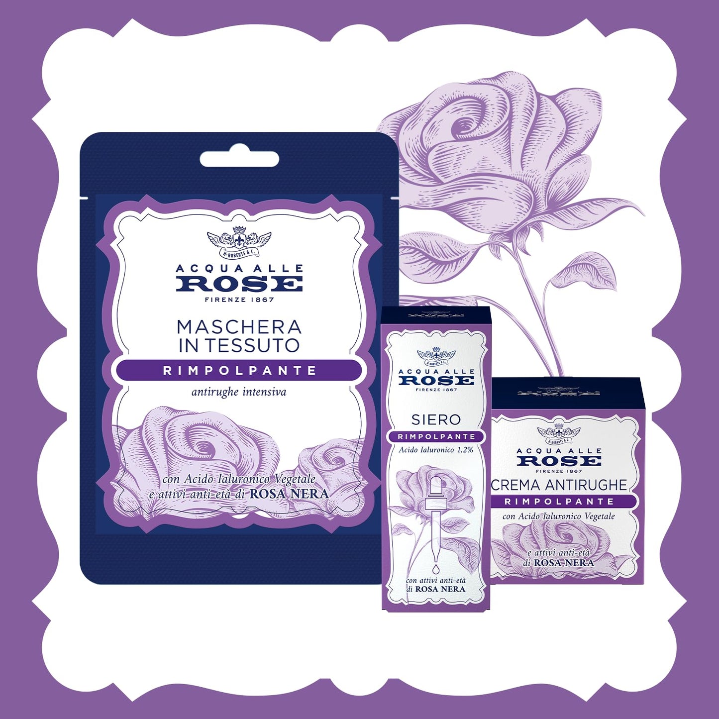 Acqua Alle Rose, Maschera Viso in Tessuto Rimpolpante con Attivi Antietà di Rosa Nera e Acido Ialuronico Vegetale, Azione Antirughe Intensiva, Riduce le Rughe e Rimpolpa la Pelle Matura, Monouso 1 pz