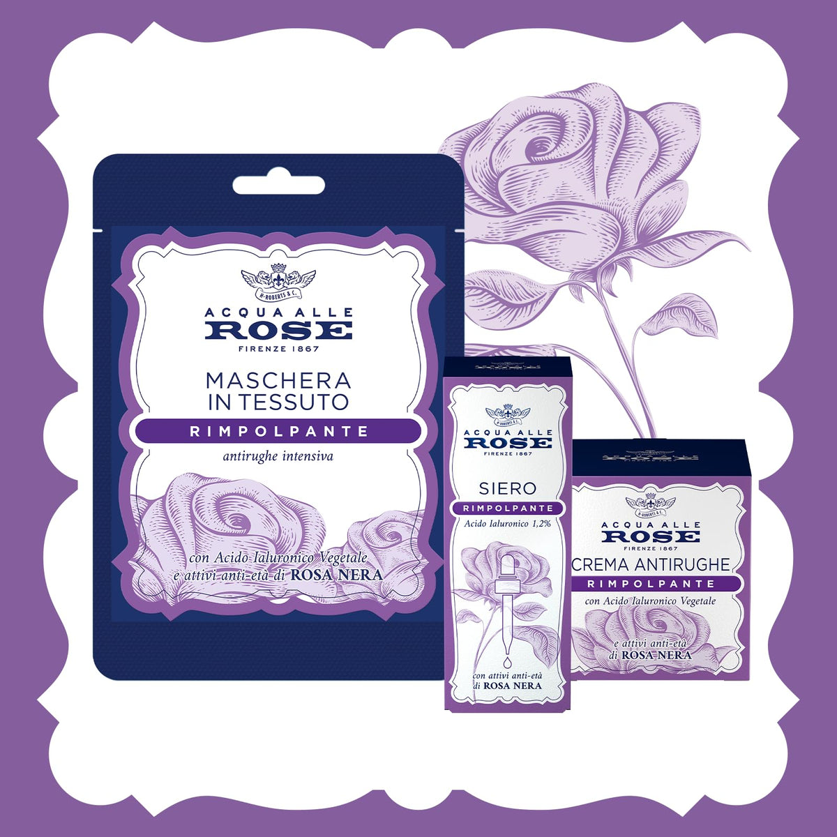 Acqua alle Rose, Siero Viso Rimpolpante Concentrato Attivo di Acido Ialuronico Vegetale con Attivi Antietà di Rosa Nera, Azione Antirughe per Pelli Mature, Riempie e Riduce le Rughe del Viso, 30 ml