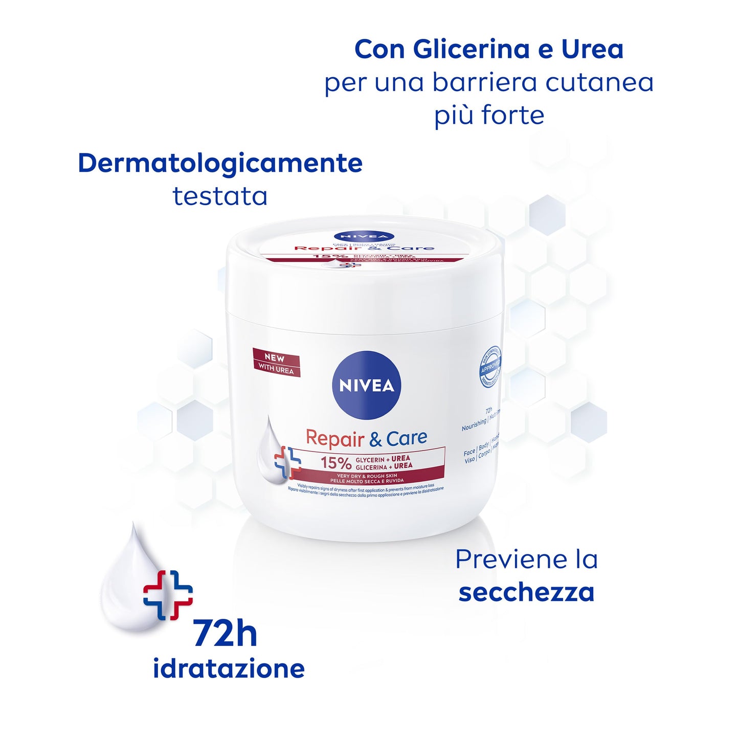 NIVEA Crema Repair & Care Urea 400 ml, Crema corpo idratante pelle secca, molto secca e ruvida, Crema multiuso per corpo, viso e mani con Glicerina e Urea per nutrimento profondo e idratazione 72h