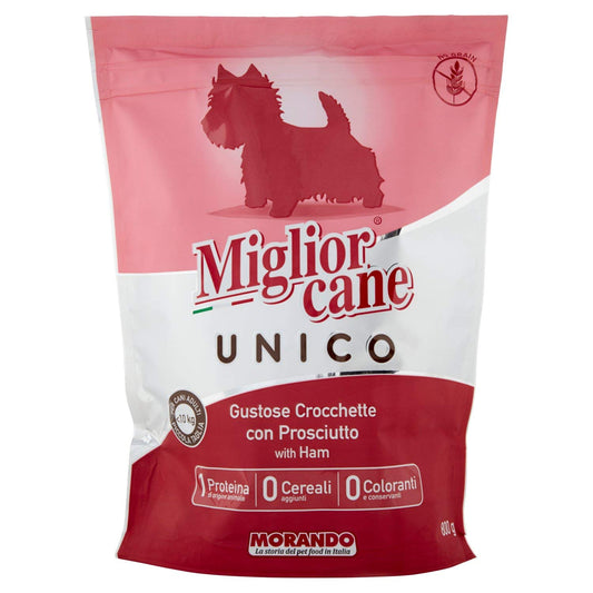 MIGLIOR UNICROKETTE SUINO con PROSCIUTTO per cani busta di piccole dimensioni con cerniera 800 grammi