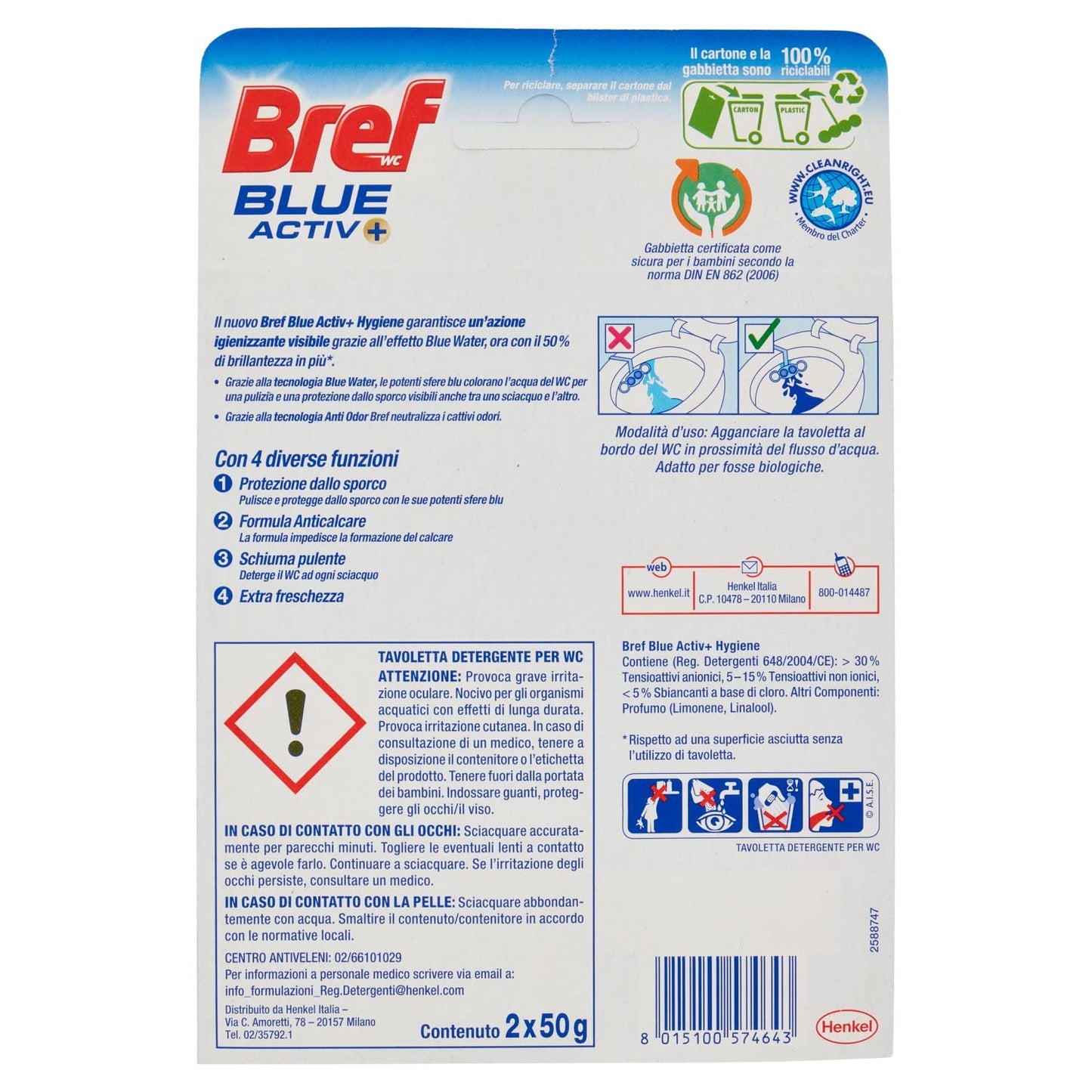 Bref Bref WC Blue Activ+, Detergente Profumatore WC in Pastiglie Igienizzante Bagno, Pulito, Fresco, Duopacco - 100 g