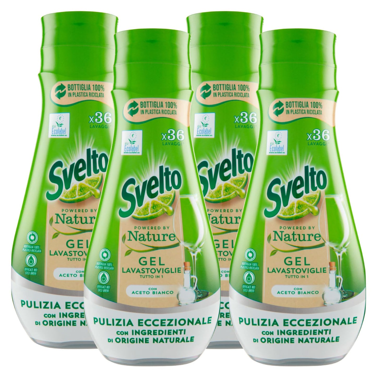 Svelto Powered By Nature Gel Tutto in 1 per Lavastoviglie Pulizia Eccezionale con Aceto Bianco e Ingredienti di Origine Naturale - 4 Flaconi da 640ml