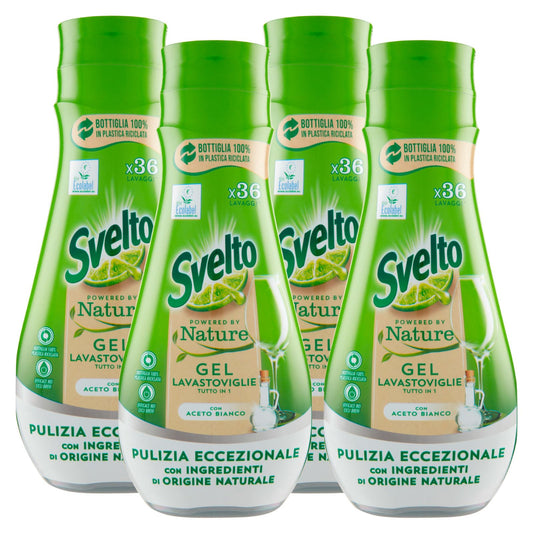 Svelto Powered By Nature Gel Tutto in 1 per Lavastoviglie Pulizia Eccezionale con Aceto Bianco e Ingredienti di Origine Naturale - 4 Flaconi da 640ml