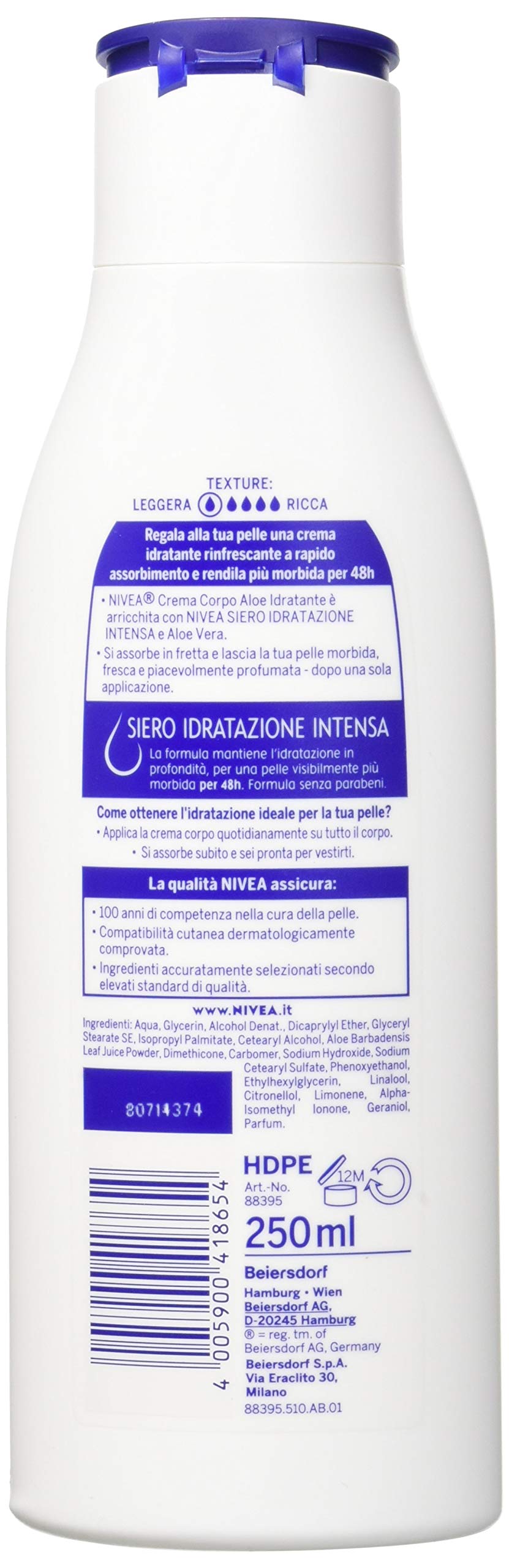 Nivea Crema Corpo Aloe Idratante, Rinfrescante Idratazione per Pelle Normale o Secca, 1 Confezione da 250 ml