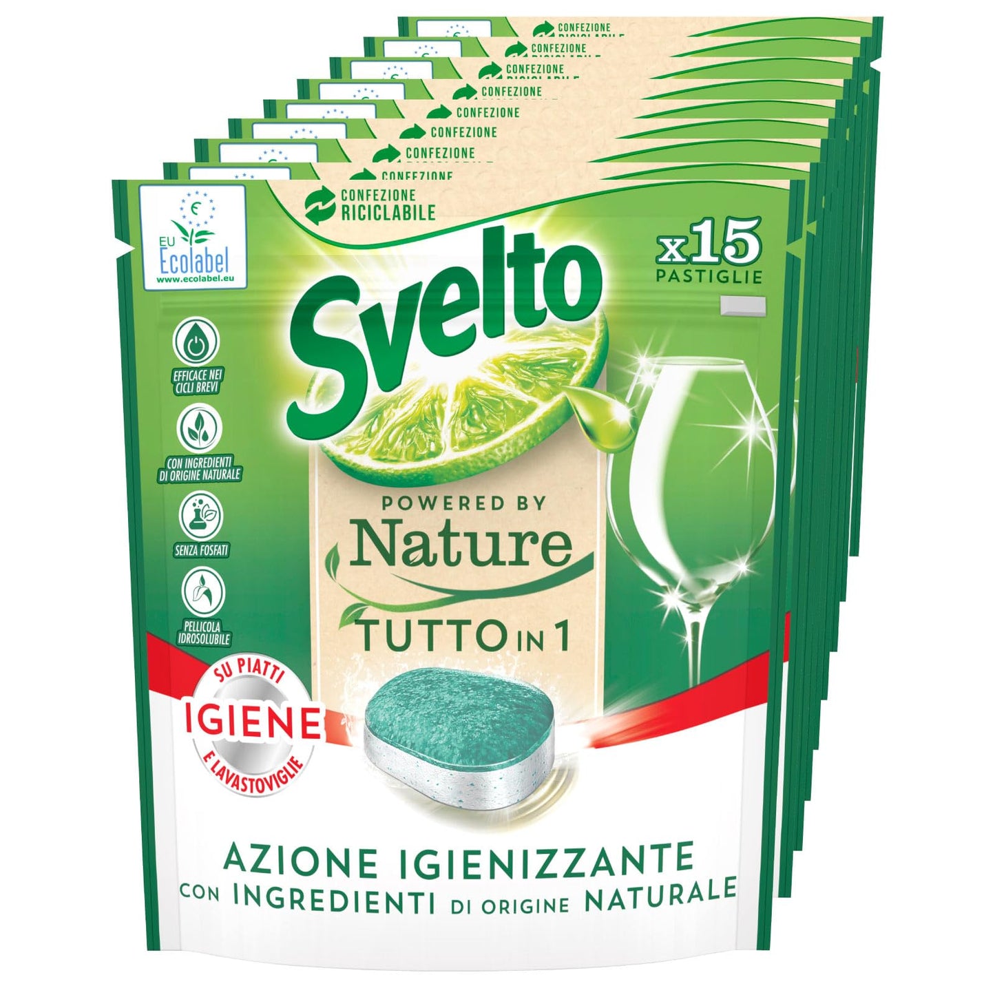 Svelto Powered By Nature Tutto in 1 Pastiglie Idrosolubili per Lavastoviglie Azione Igienizzante Agenti Anticalcare contro Sporco e Macchie - 9 Confezioni da 15 Pastiglie