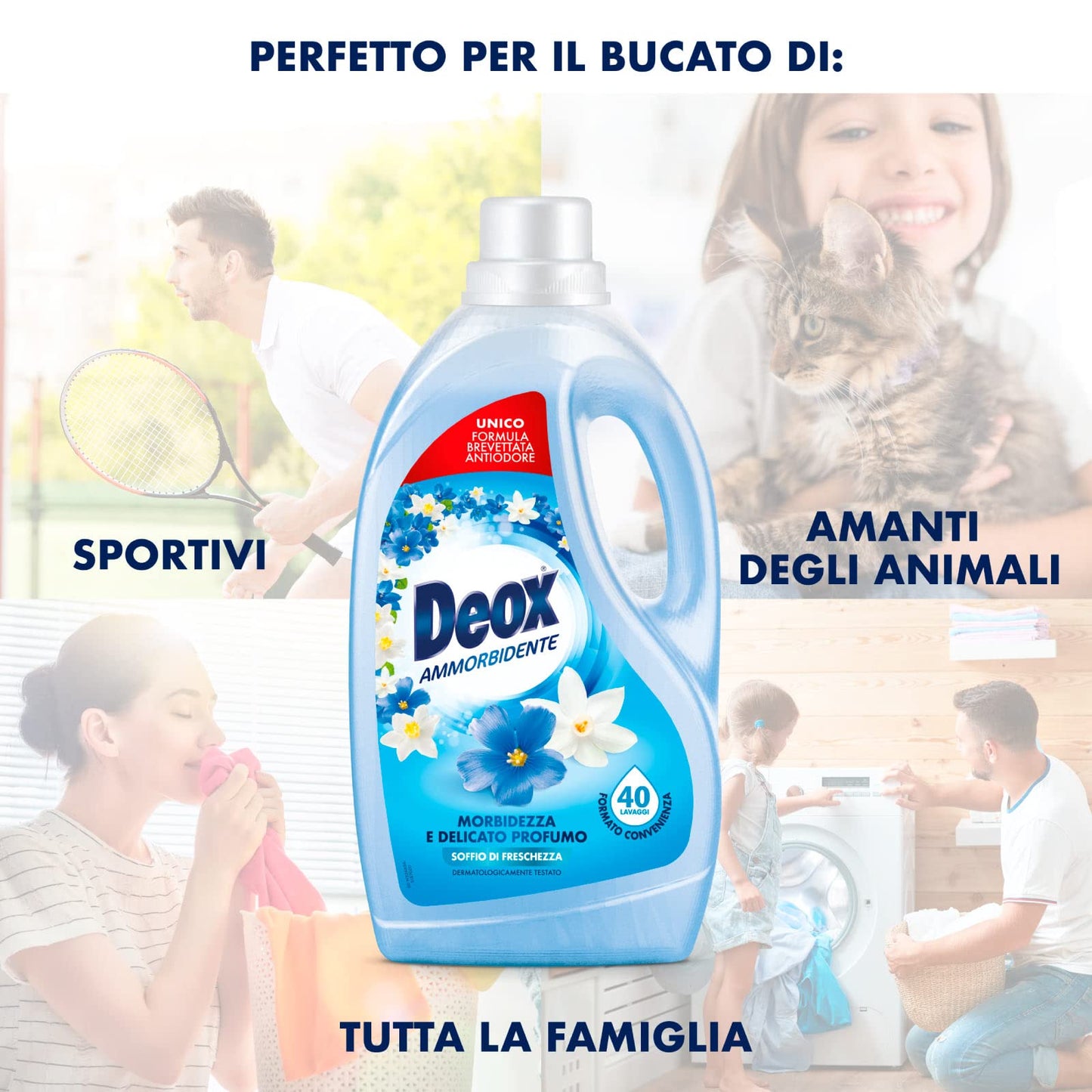 Deox - Ammorbidente Lavatrice, Capi Morbidi e Profumati, con Tecnologia Antiodore, Fragranza Soffio di Freschezza, 40 Lavaggi x 3 Confezioni