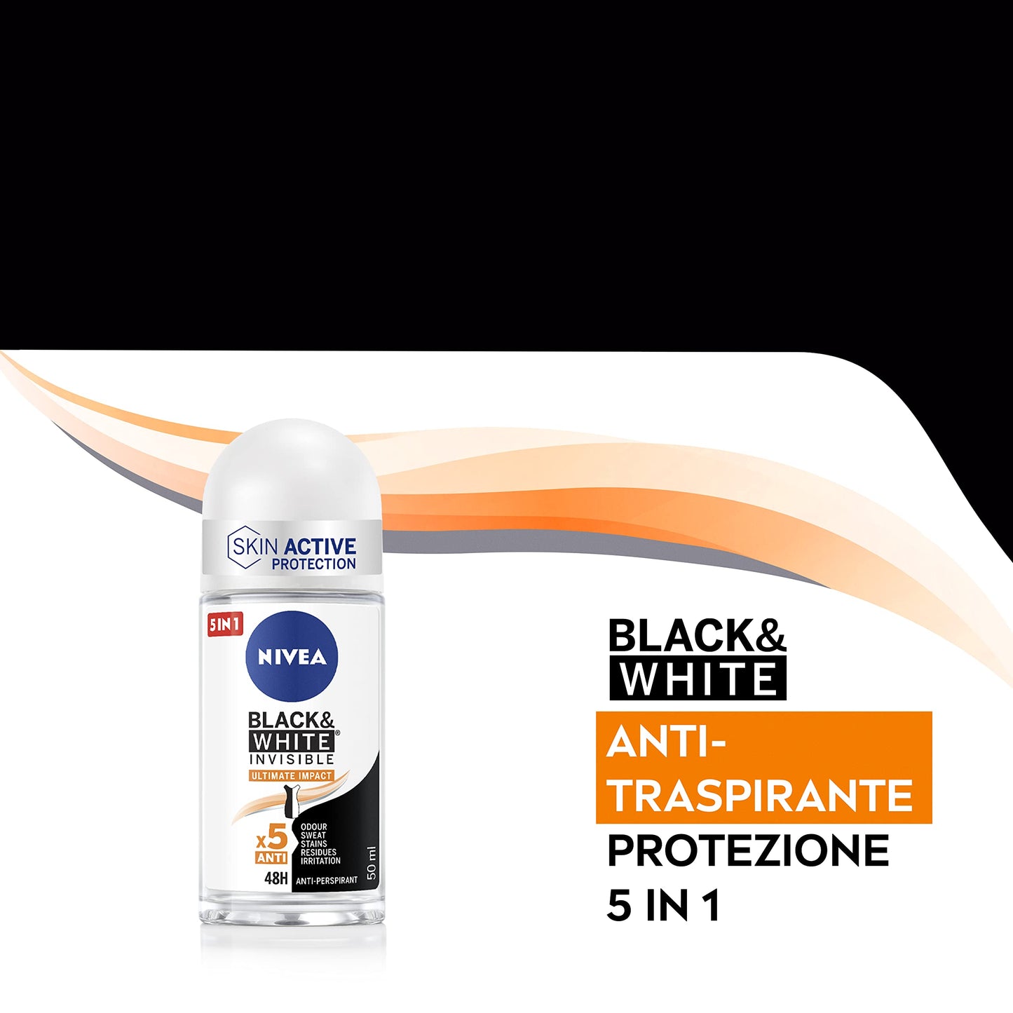 NIVEA Black & White Black Invisible Ultimate Impact Deodorante roll on da 50 ml, Deodorante donna antitraspirante 48h, Formula profumata che regola la traspirazione