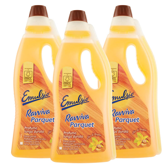 3x Emulsio Ravviva Parquet Detergente Pavimenti in Parquet e Laminato all'Olio di Argan - 3 Flaconi da 750ml ognuno