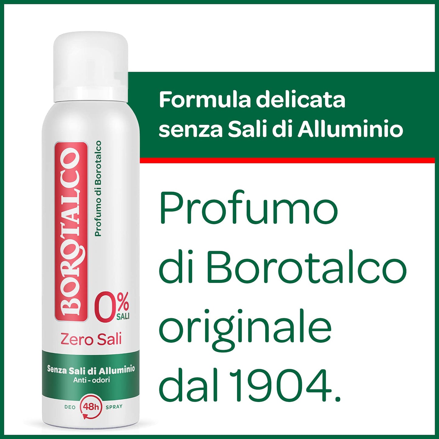 Borotalco, Deodorante Spray Zero Sali, Assorbe il Sudore e non Lascia Aloni, senza Sali di Alluminio, Freschezza Continua, Profumo Classico di Borotalco, Deodorante Uomo e Donna, Flacone da 150 ml