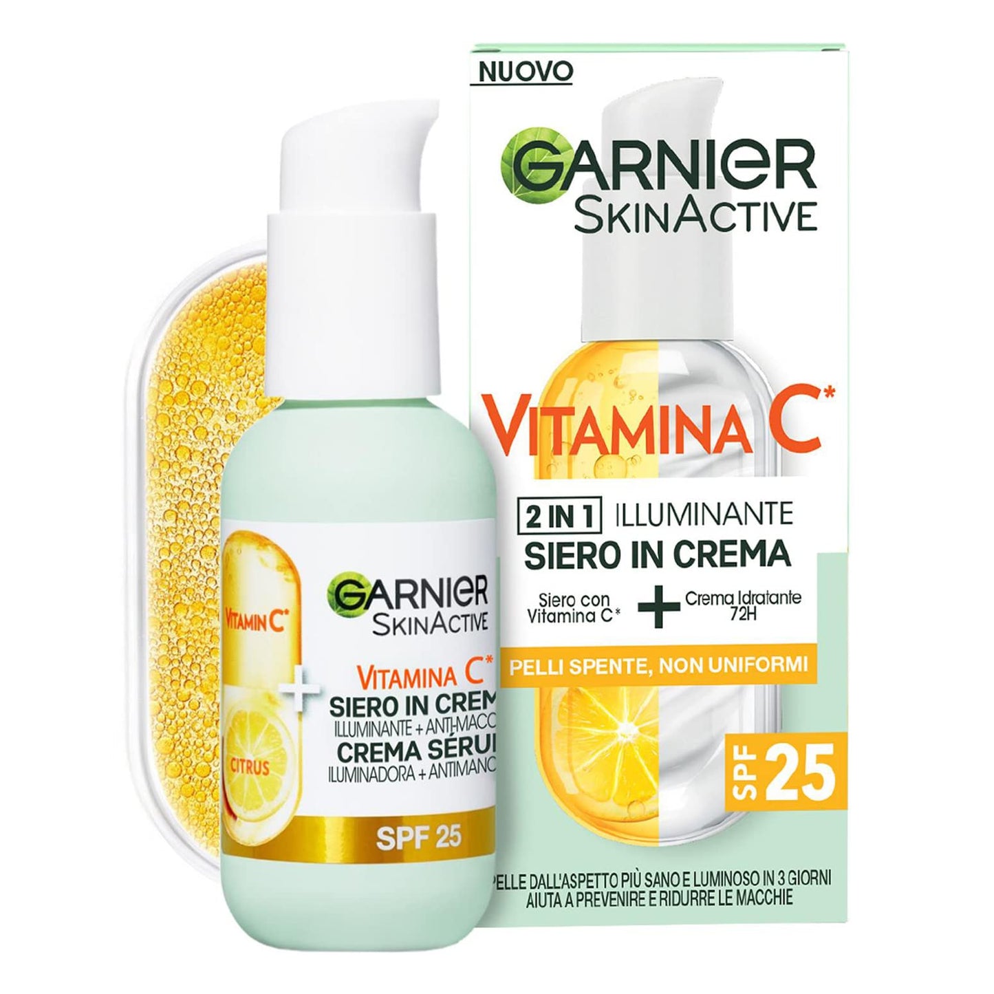 Garnier Siero in Crema Vitamina C SkinActive, 2 in 1 Siero Vitamina C e Crema Idratante SPF25, Anti-Macchie e Illuminante, Non unge, Adatto a Tutti i Tipi di Pelle, 50 ml