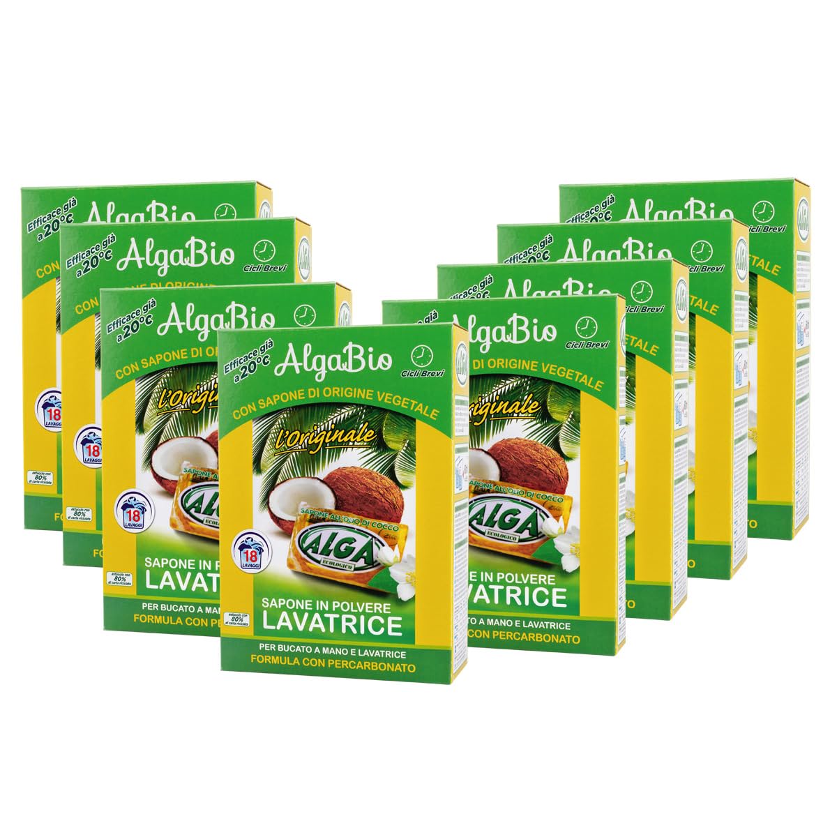 ALGA BIO - Sapone in Polvere per Lavatrice Detergente Concentrato per Bucato Vestiti Cotone e Tessuti Sintetici, Adatto per Lavaggio Capi a Mano e in Lavatrice 990gr x 8