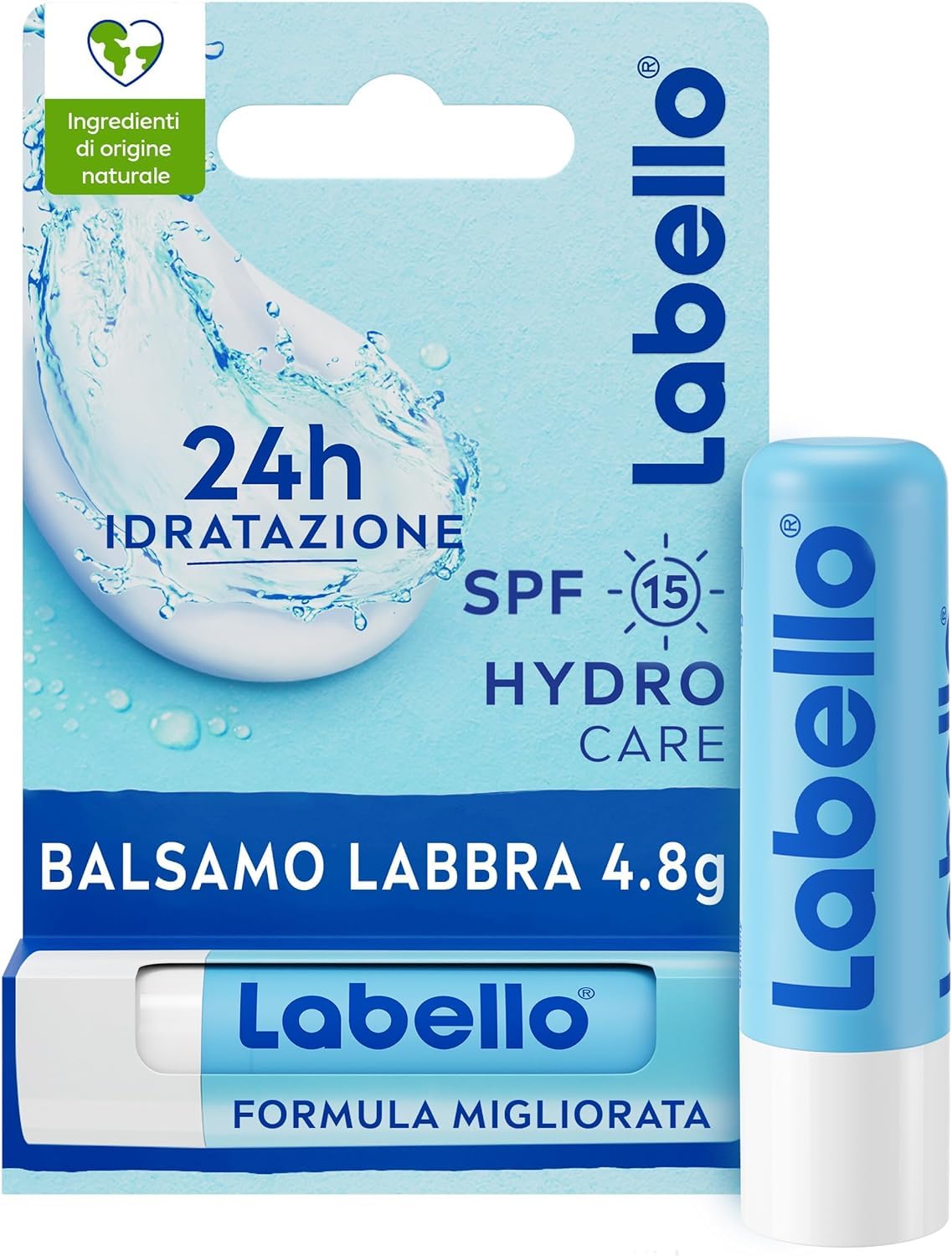 Labello Hydro Care SPF15 4.8 g, Burrocacao labbra idratante, Balsamo labbra con aloe vera, burro di karité e oli naturali nutrienti, Burrocacao protezione solare SPF15