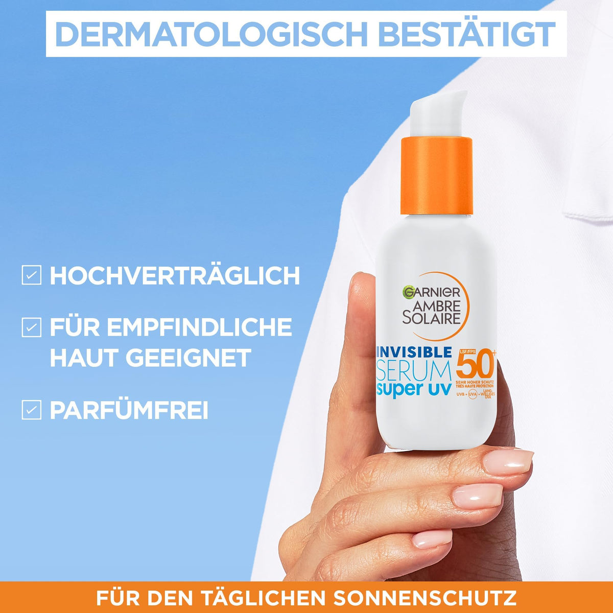 Garnier Siero Viso Protettivo Invisibile Super UV, Per Tutti i Tipi di Pelle, Protezione SPF 50+, Ad Assorbimento Rapido, Con Ceramide Protect, Ambre Solaire, 30 ml