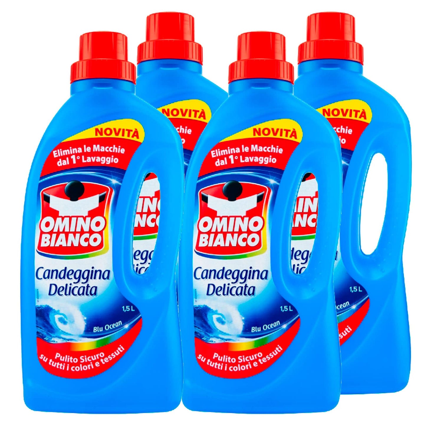 Omino Bianco - Candeggina Delicata, Tecnologia Anti Odor, Azione Igienizzante e Smacchiante, Essenza Blu Ocean, 1500 ml x 4 Flaconi