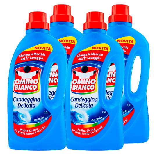 Omino Bianco - Candeggina Delicata, Tecnologia Anti Odor, Azione Igienizzante e Smacchiante, Essenza Blu Ocean, 1500 ml x 4 Flaconi