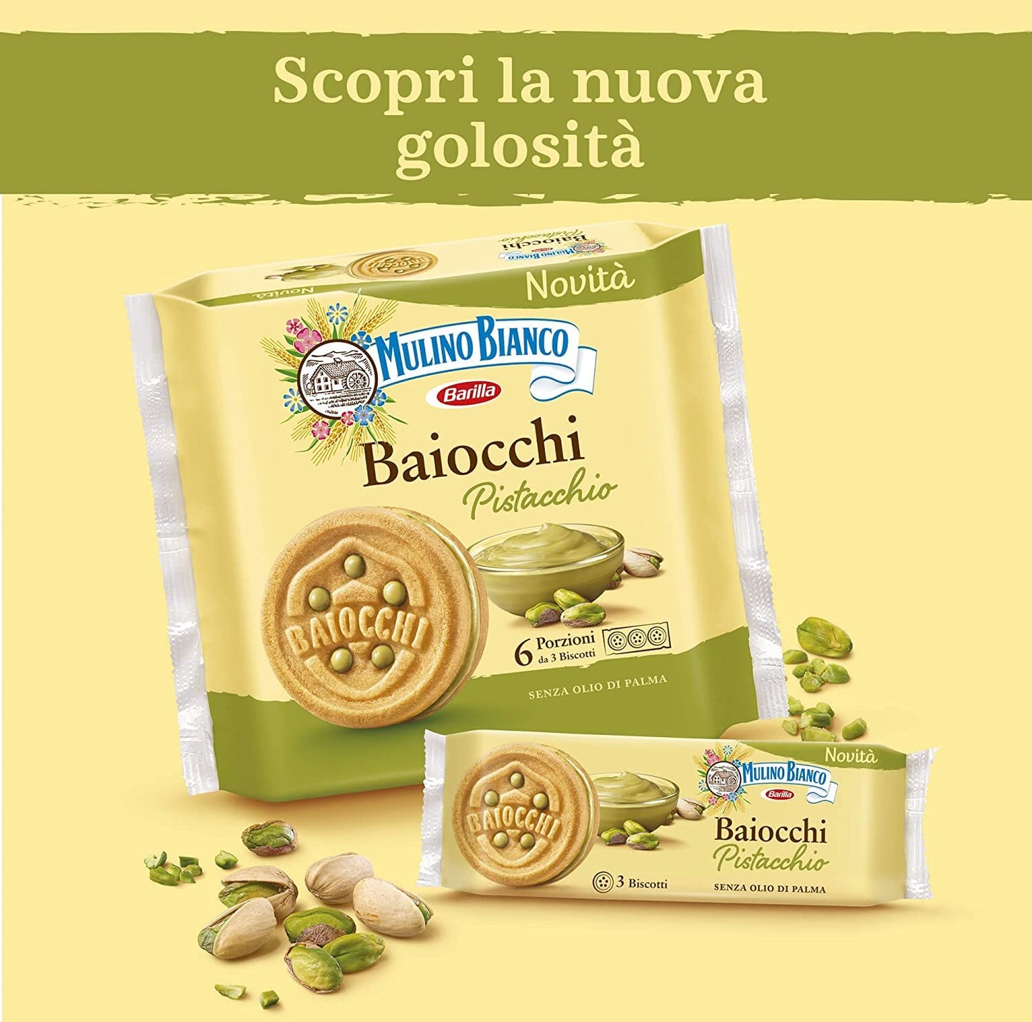 Mulino Bianco Baiocchi - 6 biscotti al pistacchio, ideali per colazione o merenda, senza olio di palma, 6 porzioni da 3 biscotti