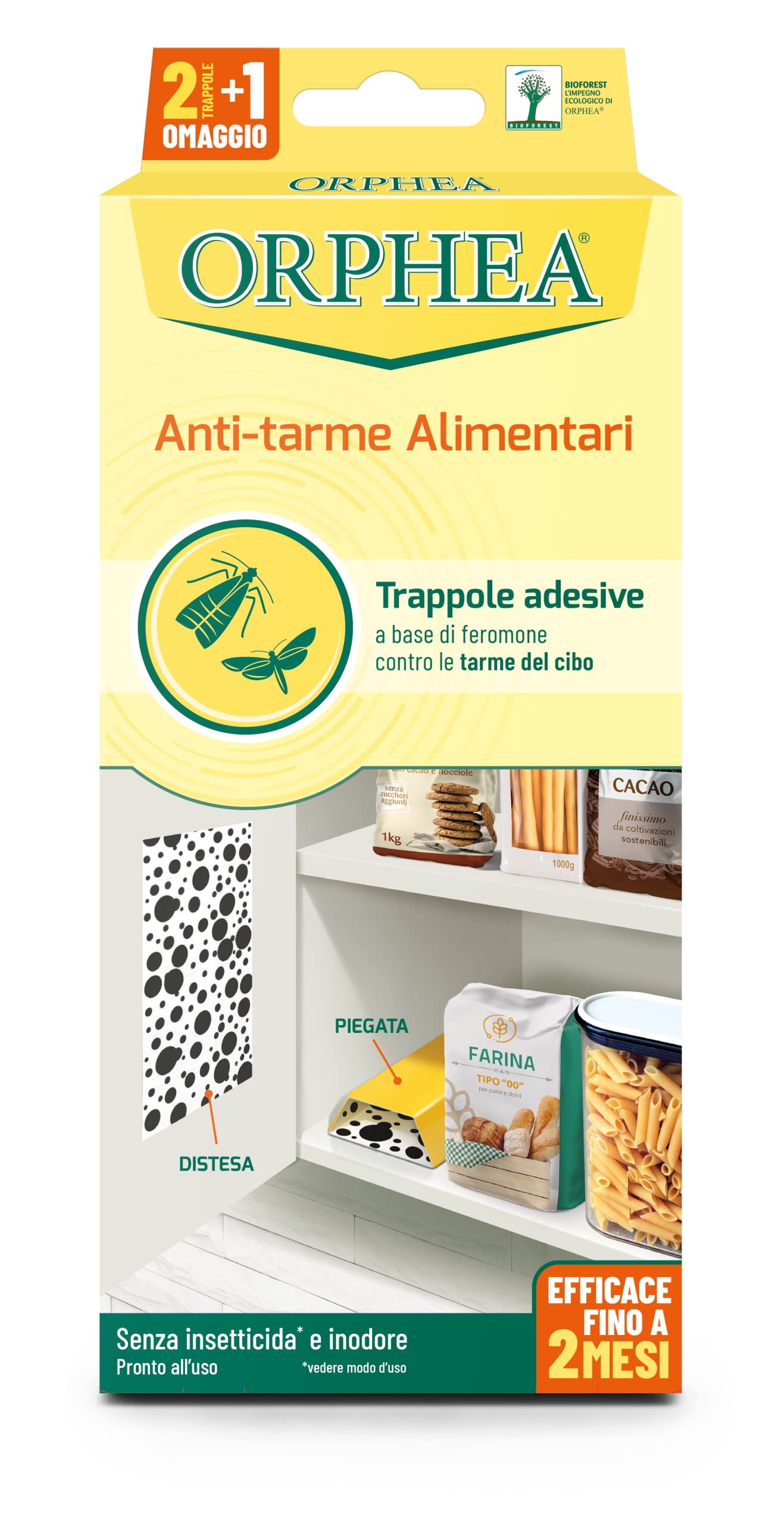 Orphea, Antitarme Alimentare, Elimina le Farfalline del Cibo e ne Previene lo Sviluppo, Senza Insetticida, Inodore Azione Naturale, 3 Trappole Adesive