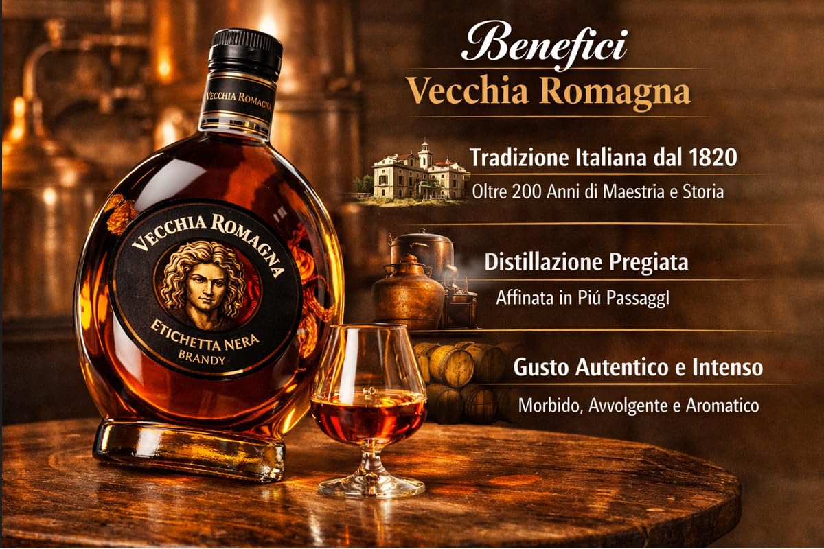 CG94 - Vecchia Romagna Brandy Etichetta Nera 70 cl – Distillato Italiano – Gusto Ricco e Morbido | Confezione Global Dream