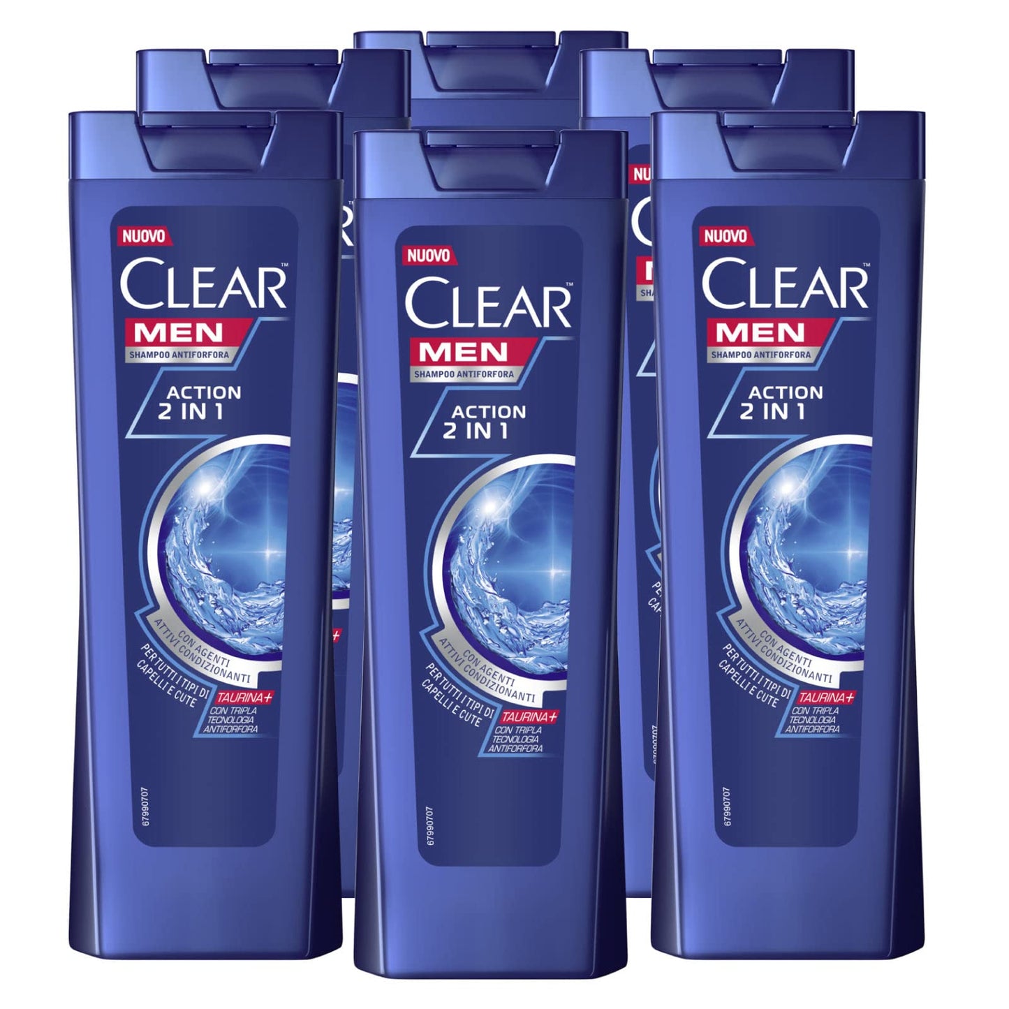 6x Clear Men Action 2in1 Shampoo Antiforfora per Tutti i Tipi di Capelli e Cute Adatto ad un Uso Frequente - 6 Flaconi da 225ml