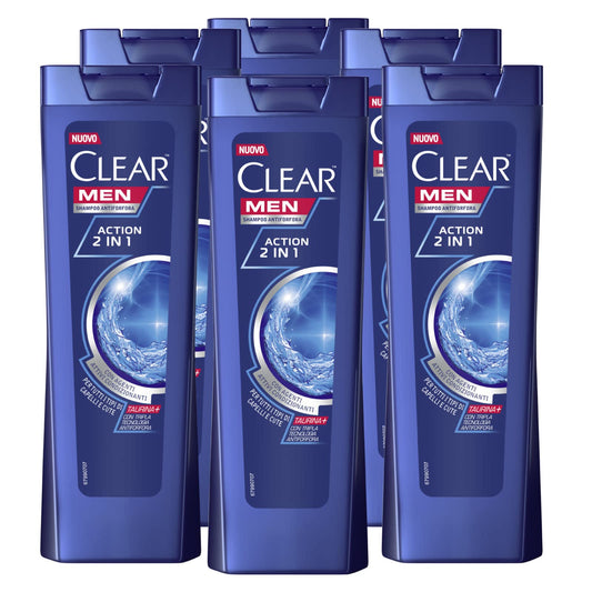 6x Clear Men Action 2in1 Shampoo Antiforfora per Tutti i Tipi di Capelli e Cute Adatto ad un Uso Frequente - 6 Flaconi da 225ml