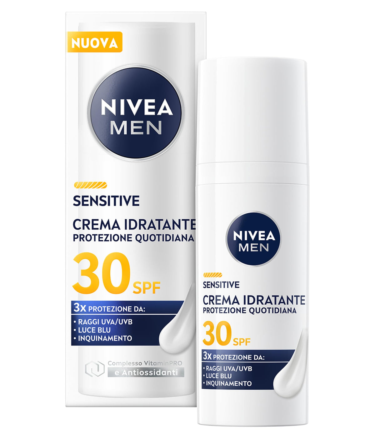 NIVEA MEN Sensitive Crema Idratante Viso Uomo Protezione Quotidiana SPF 30 50 ml, Crema viso uomo per pelli sensibili con Complesso VitaminPRO, Protegge da raggi UVA/UVB, luce blu e inquinamento